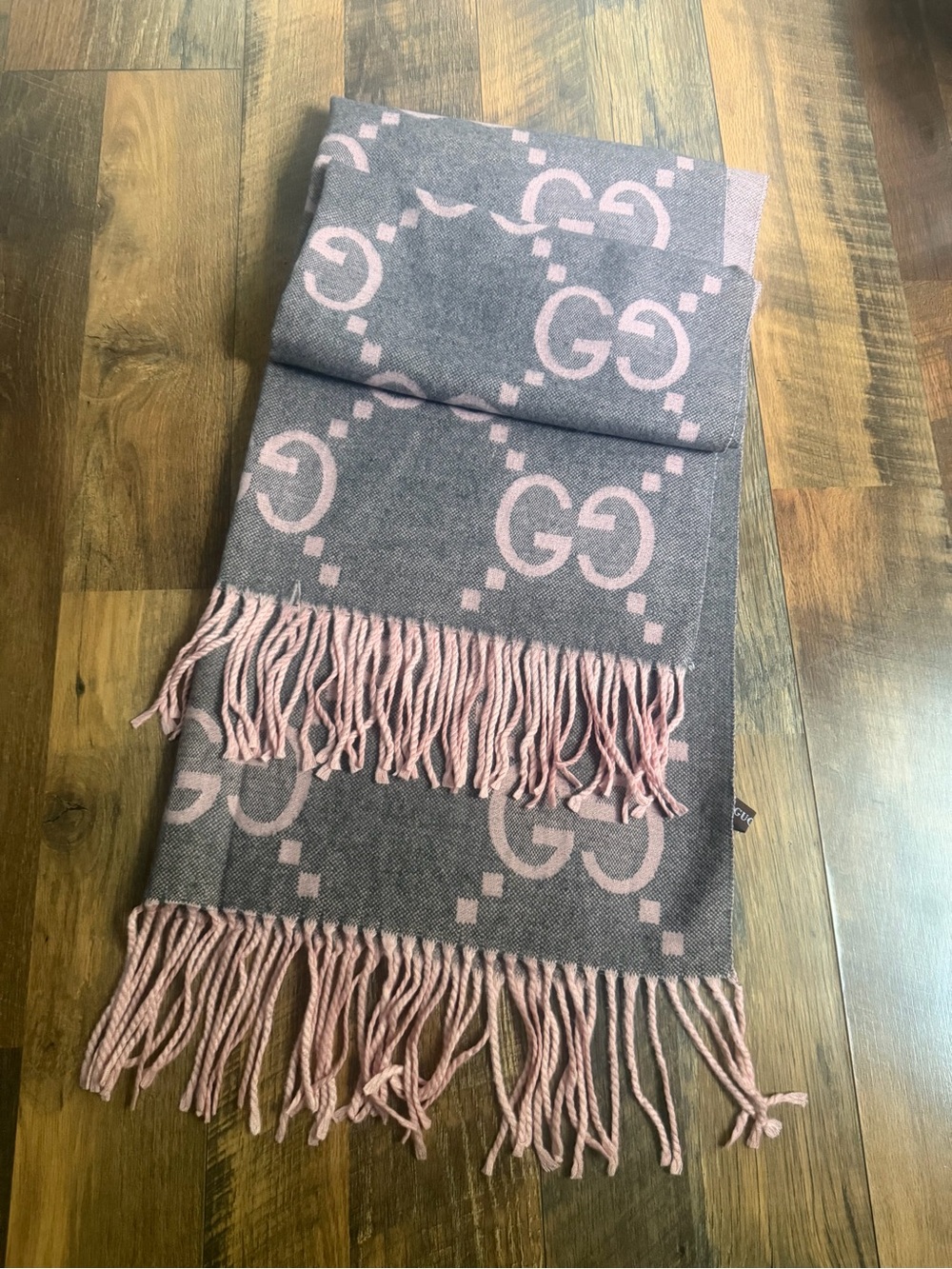 Gucci Pink and Gray GG Fringe Logo Scarf